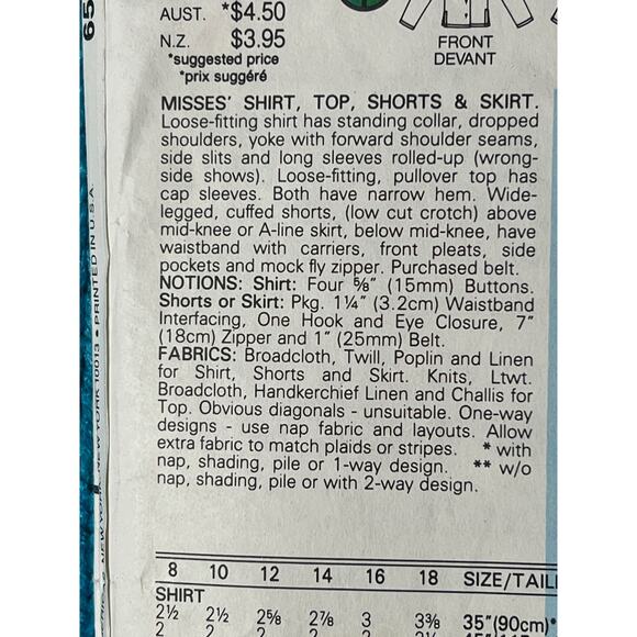 Butterick Sewing pattern 6554 top skirt shorts shacket size 8 - Picture 4 of 6